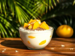 A vibrant bowl of Mango Coconut Chia Pudding with a creamy coconut milk base, juicy mango chunks, and a sprinkle of chia seeds and toasted coconut flakes, all set in a sunlit, tropical setting.