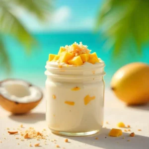 Mango Coconut Chia Pudding topped with fresh mango, coconut flakes, and coconut milk in a tropical setting.