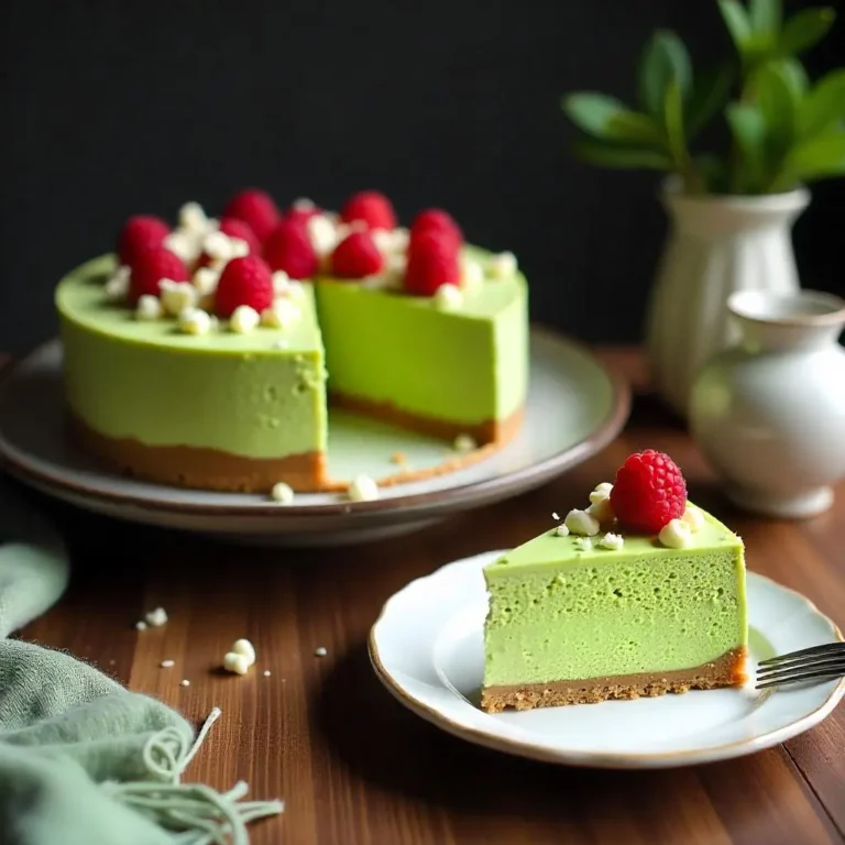 A creamy matcha cheesecake with a graham cracker crust, topped with white chocolate shavings and fresh raspberries, served on a white ceramic plate.
