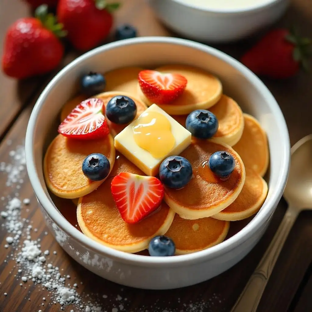 Bowl of viral mini pancake cereal with tiny golden pancakes, maple syrup, fresh berries, and butter on a rustic wooden table.