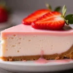 Close-up of a no-bake sugar-free strawberry cheesecake with fresh strawberry slices and a glossy glaze, perfect for low-carb and keto diets.