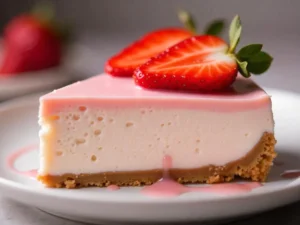 Close-up of a no-bake sugar-free strawberry cheesecake with fresh strawberry slices and a glossy glaze, perfect for low-carb and keto diets.