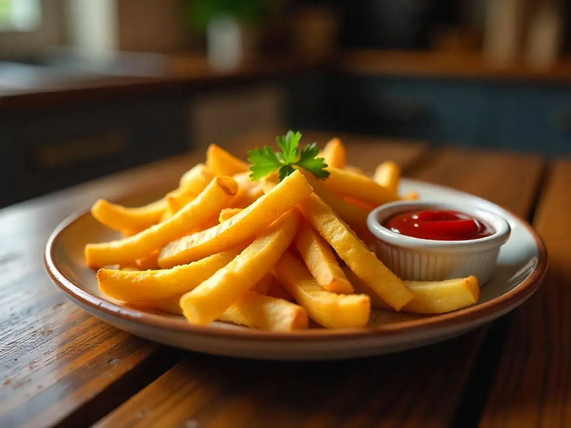Crispy golden air fryer french fries arranged on a rustic wooden board, accompanied by small bowls of garlic aioli, spicy ketchup, and truffle mayo, with fresh parsley sprinkled on top.