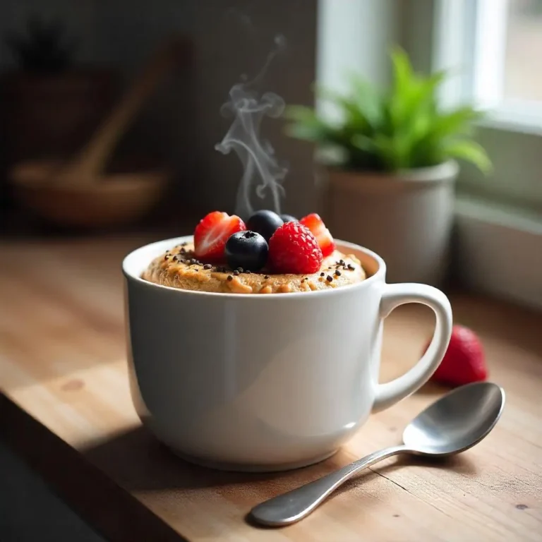 Freshly made 3-minute protein mug cake in a white ceramic mug, topped with berries and almond butter.