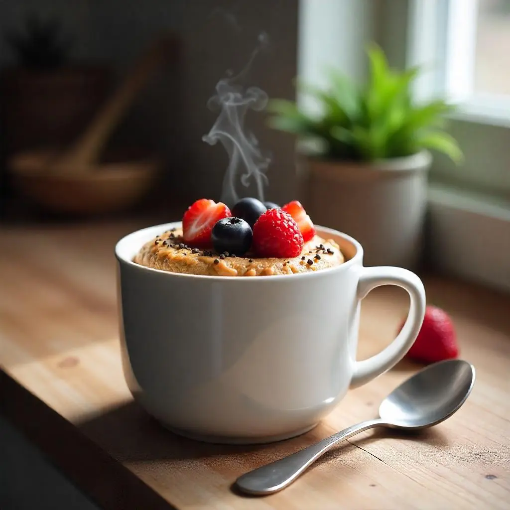 Freshly made 3-minute protein mug cake in a white ceramic mug, topped with berries and almond butter.