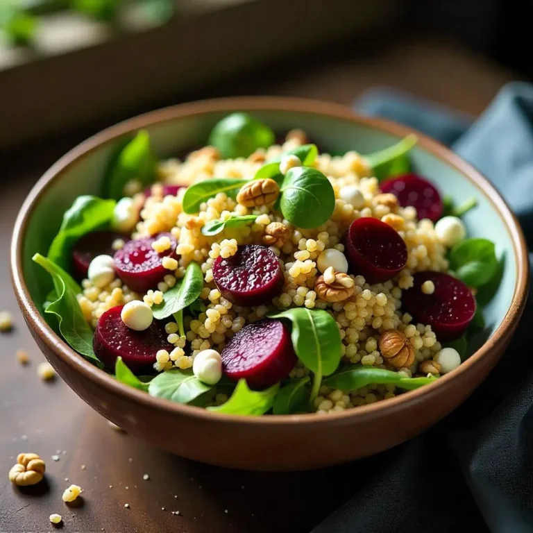 Quinoa, beet, and arugula salad with roasted beets, quinoa, arugula, nuts, and feta cheese.