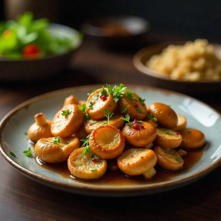 A beautifully sautéed dish of Lion's Mane mushrooms, garnished with fresh herbs and a drizzle of soy sauce, served on a plate with complementary sides.