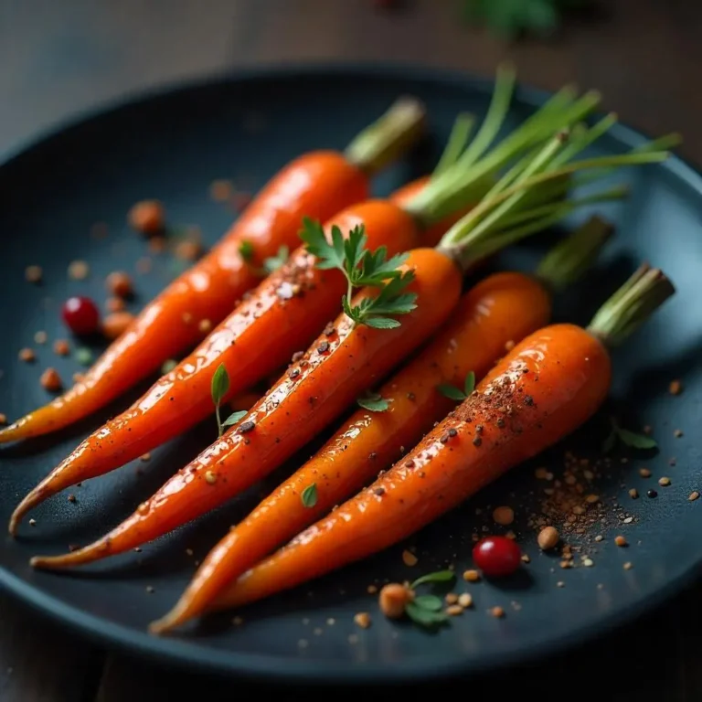 Smoky roasted carrots with garlic, chili flakes, and herbs on dark slate, drizzled with vegan date syrup.