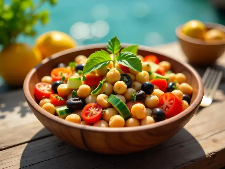 A vibrant Mediterranean bean salad in a rustic wooden bowl, featuring chickpeas, black beans, kidney beans, cherry tomatoes, cucumbers, red bell peppers, Kalamata olives, and fresh herbs, drizzled with olive oil and lemon dressing, set on a sunlit wooden table.
