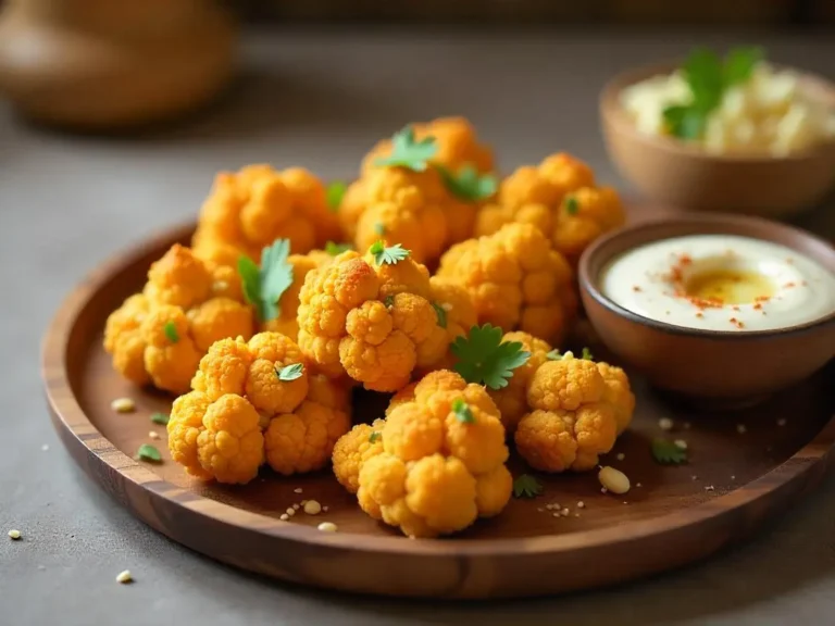 Crispy vegan cauliflower bites with a side of tahini dip.
