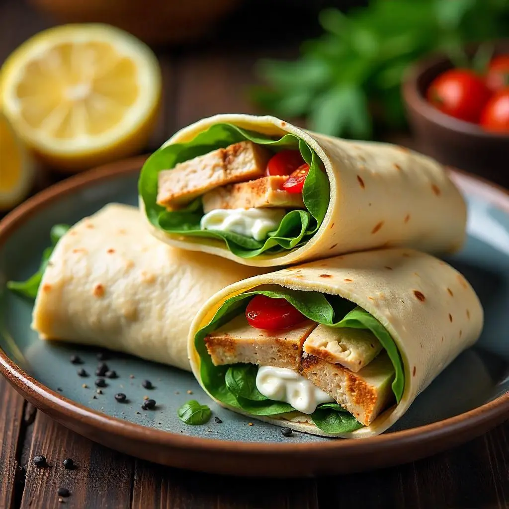A sliced high-protein cottage cheese wrap with spinach, tomatoes, and grilled chicken on a ceramic plate.