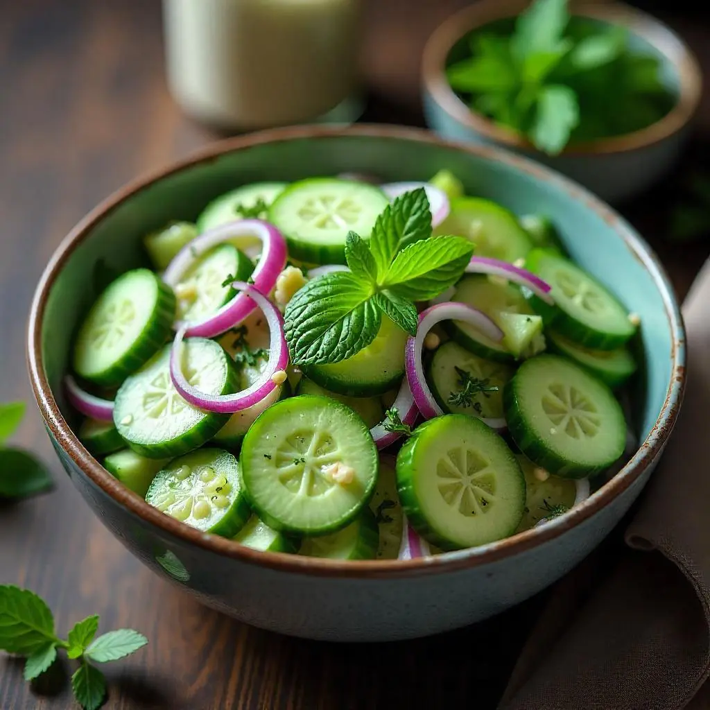A vibrant bowl of cucumber salad with fresh herbs, red onion, and a tangy dressing.