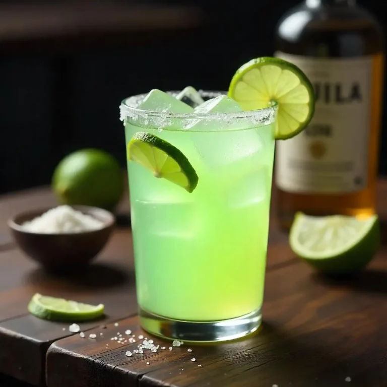 A perfectly crafted classic margarita in a salt-rimmed glass with fresh lime slices and ice cubes, set against a rustic wooden table.