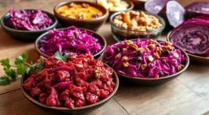 A colorful plate of red cabbage salad with fresh vegetables.