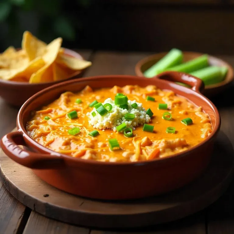 Buffalo chicken dip with melted cheese, green onions, and tortilla chips on a wooden table.