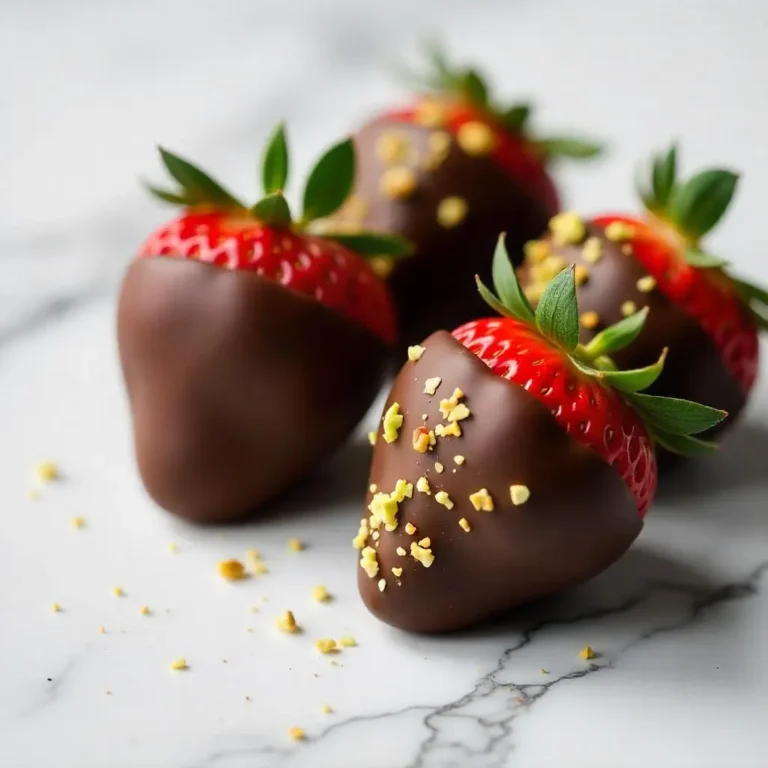 Delicious chocolate-covered strawberries with a glossy dark chocolate coating, sprinkled with crushed pistachios and gold flakes on a white marble surface.