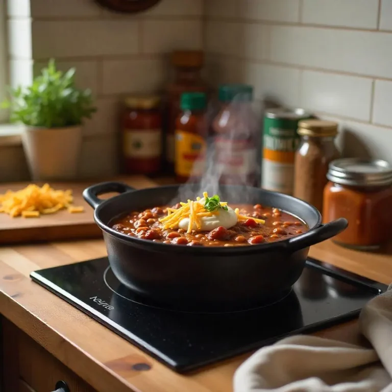 Steaming pot of easy homemade chili with toppings like cheese, green onions, and sour cream on a rustic wooden counter.