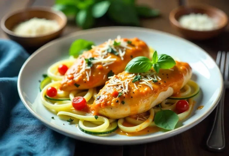 Diabetes-friendly Marry Me Chicken dish with creamy sauce, garnished with fresh basil and served with zucchini noodles.