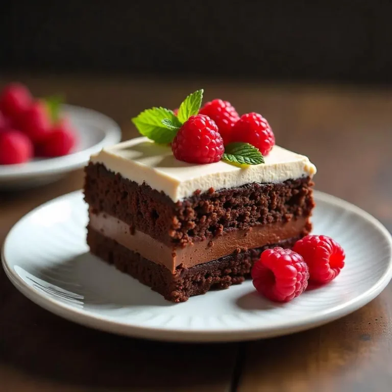 Low carb chocolate mousse cake with rich dark chocolate layers and creamy mousse topping, garnished with fresh raspberries and mint leaves, perfect for diabetics and keto diets.
