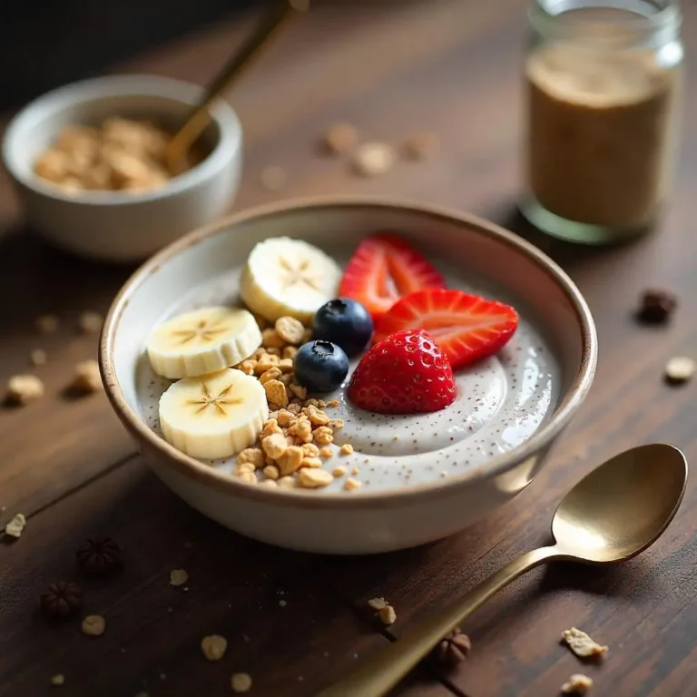 A bowl of creamy chia seed pudding topped with fresh berries, banana slices, and granola, perfect for a healthy breakfast or snack