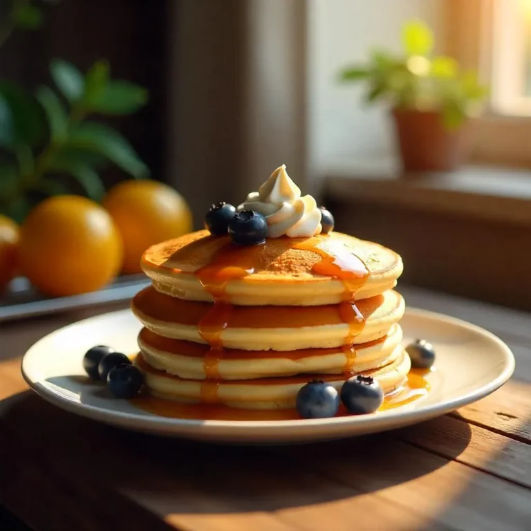 Stack of fluffy golden pancakes drizzled with maple syrup, topped with fresh blueberries and whipped cream on a rustic wooden table