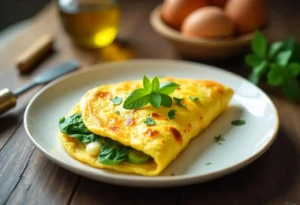 A golden-brown low-carb spinach and cheese omelette garnished with fresh herbs, served on a white plate with sliced avocado on the side.