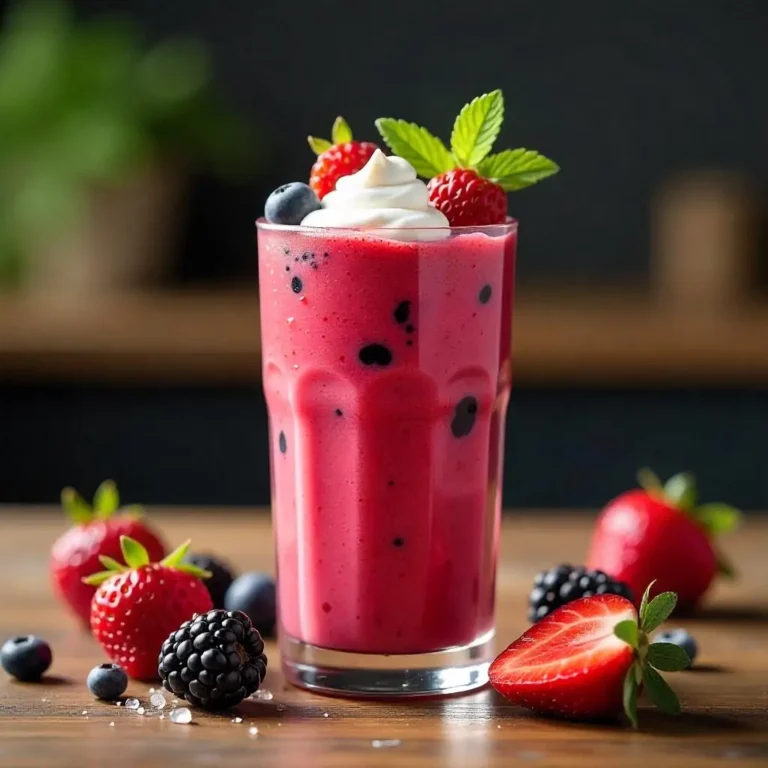 A vibrant mixed berry smoothie in a tall glass, topped with fresh berries and mint, on a wooden countertop.