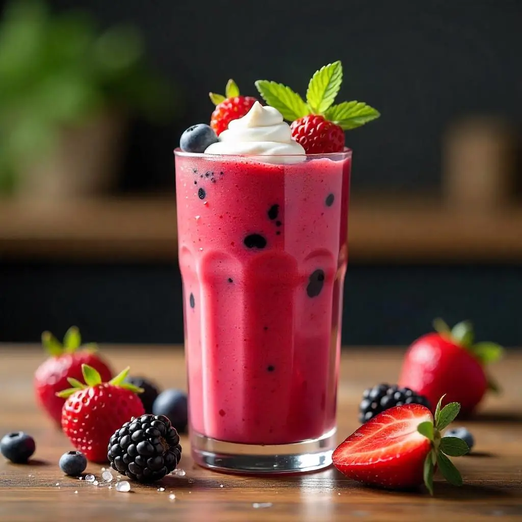 A vibrant mixed berry smoothie in a tall glass, topped with fresh berries and mint, on a wooden countertop.
