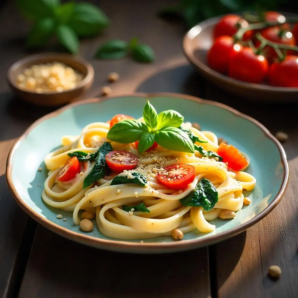 Vegan pasta dish with creamy cashew Alfredo sauce, cherry tomatoes, spinach, and toasted pine nuts, garnished with fresh basil leaves on a rustic wooden table.