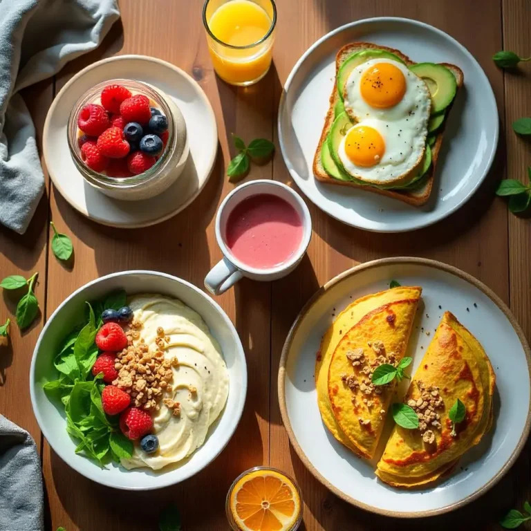 Healthy breakfast spread with overnight oats, avocado toast, smoothie bowl, fresh fruits, and coffee on a rustic wooden table.