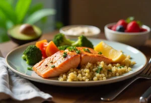 A balanced diabetes-friendly meal featuring grilled salmon, quinoa, roasted vegetables, and avocado slices on a wooden table.