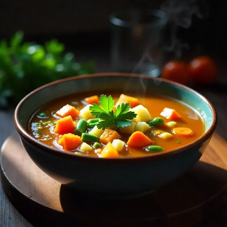 A steaming bowl of diabetes-friendly vegetable soup with fresh carrots, celery, zucchini, and green beans in a savory broth, garnished with parsley and served in a rustic ceramic bowl.