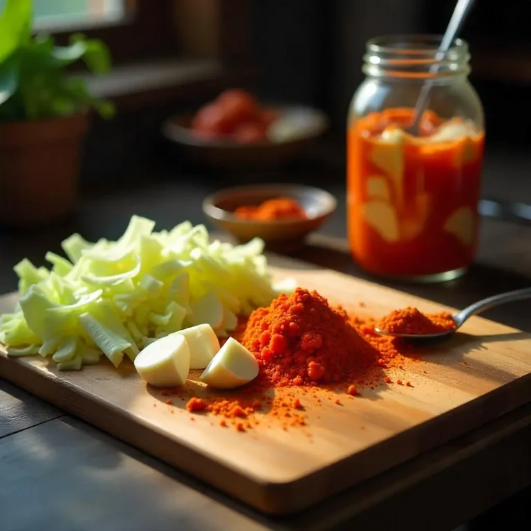 Vibrant red gochugaru chili powder bursting outward in slow motion, surrounded by flying pieces of Napa cabbage, garlic, ginger, and green onions, with a traditional Korean ceramic jar (onggi) filled with homemade kimchi at the center.