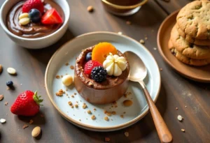 Easy diabetic dessert recipes including chocolate avocado mousse, berry chia seed pudding, and almond flour cookies on a rustic table