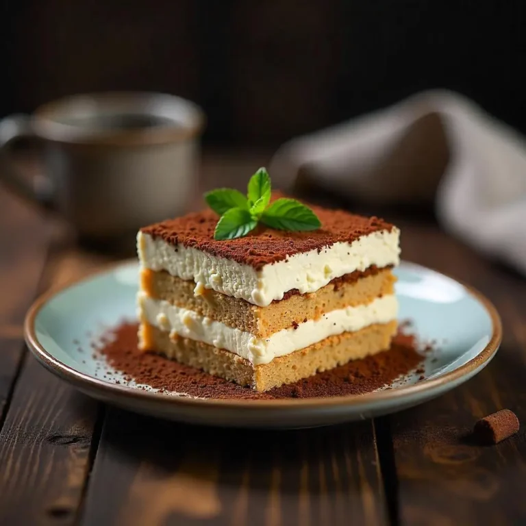 "Classic Tiramisu Recipe with layers of mascarpone cream, coffee-soaked ladyfingers, and cocoa powder on a rustic table.