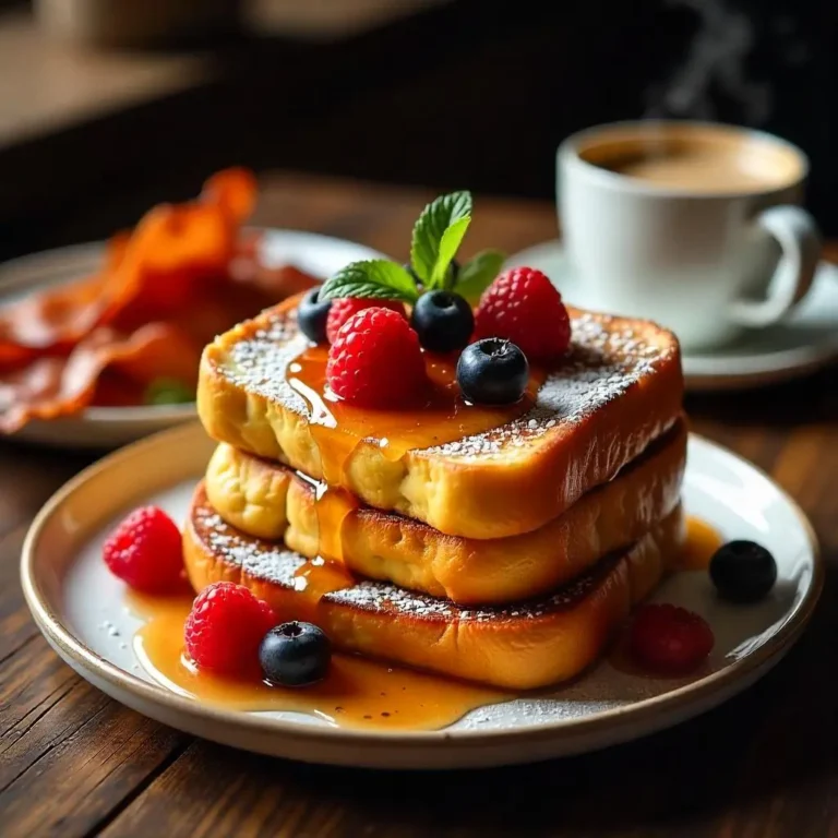 A stack of golden-brown fluffy French toast drizzled with maple syrup, topped with fresh berries and powdered sugar on a rustic wooden table.