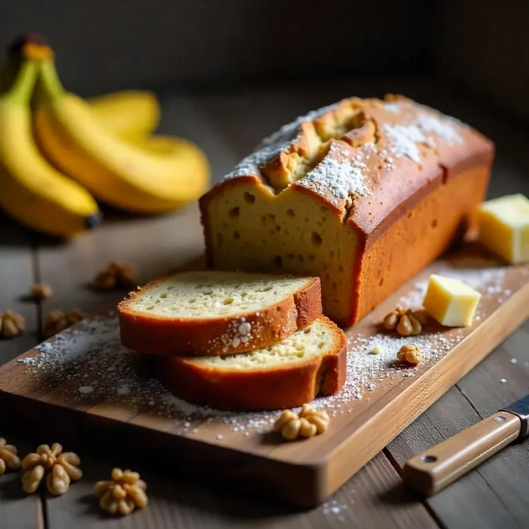 A homemade loaf of moist banana bread garnished with powdered sugar, surrounded by ripe bananas and walnuts on a wooden cutting board.