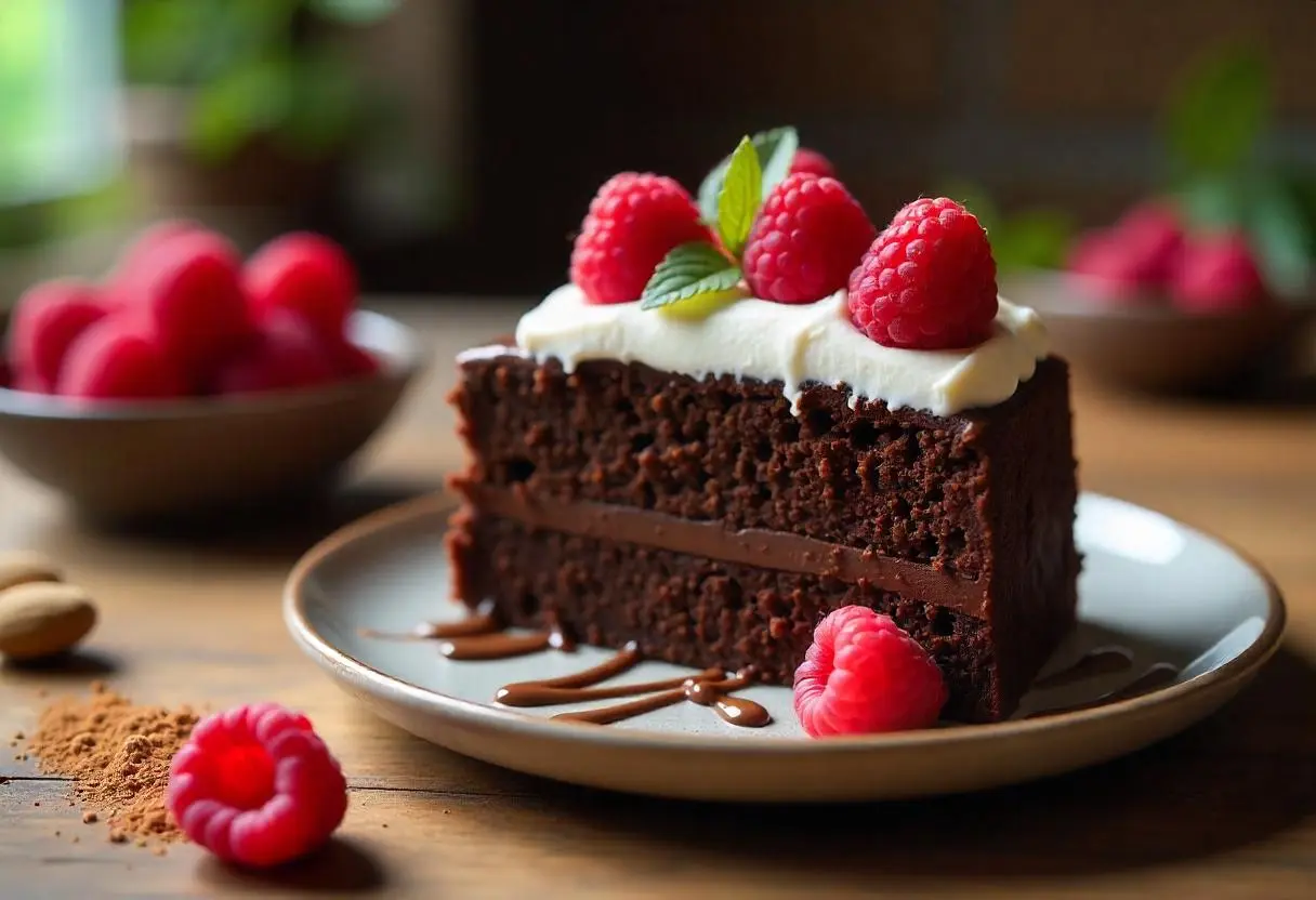 Gluten-free low-sugar chocolate cake with fresh raspberries and glossy chocolate drizzle, served on a rustic wooden table. Healthy dessert with almond flour and sugar-free whipped cream.