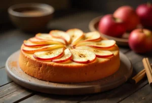 Delicious diabetes-friendly apple cake with cinnamon topping on a rustic wooden table