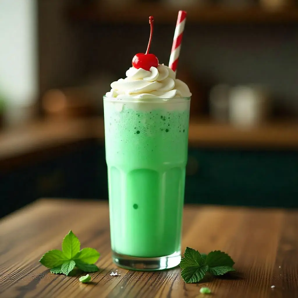 A homemade Shamrock Shake in a tall glass, topped with whipped cream and a cherry, on a wooden table.
