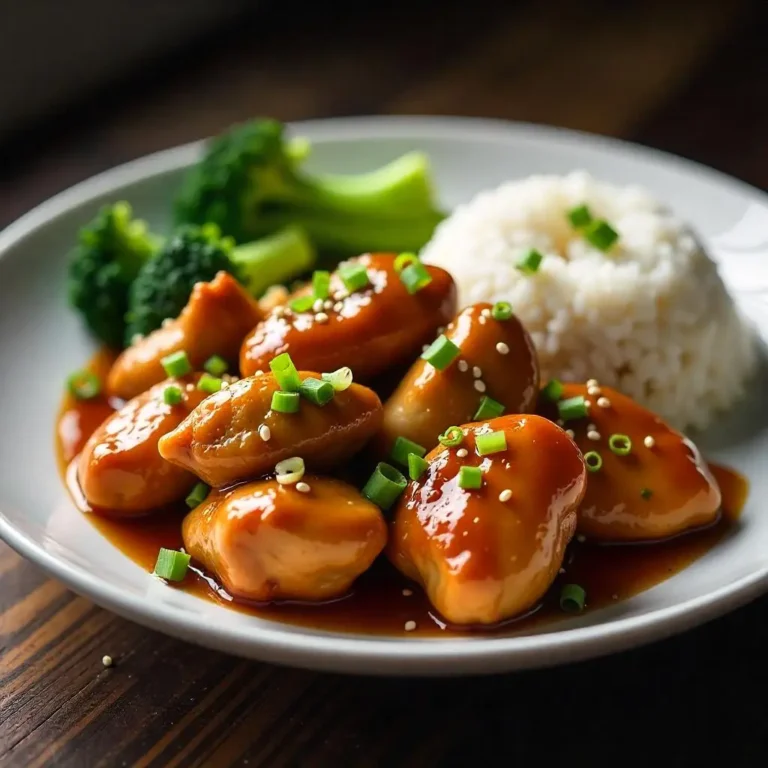 Golden-brown honey garlic chicken glazed with a sticky sauce, garnished with sesame seeds and green onions, served alongside steamed broccoli and jasmine rice.