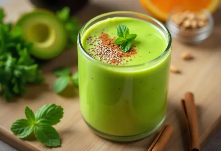 Delicious low-carb diabetic breakfast smoothie in a glass jar with chia seeds and mint garnish on a wooden table