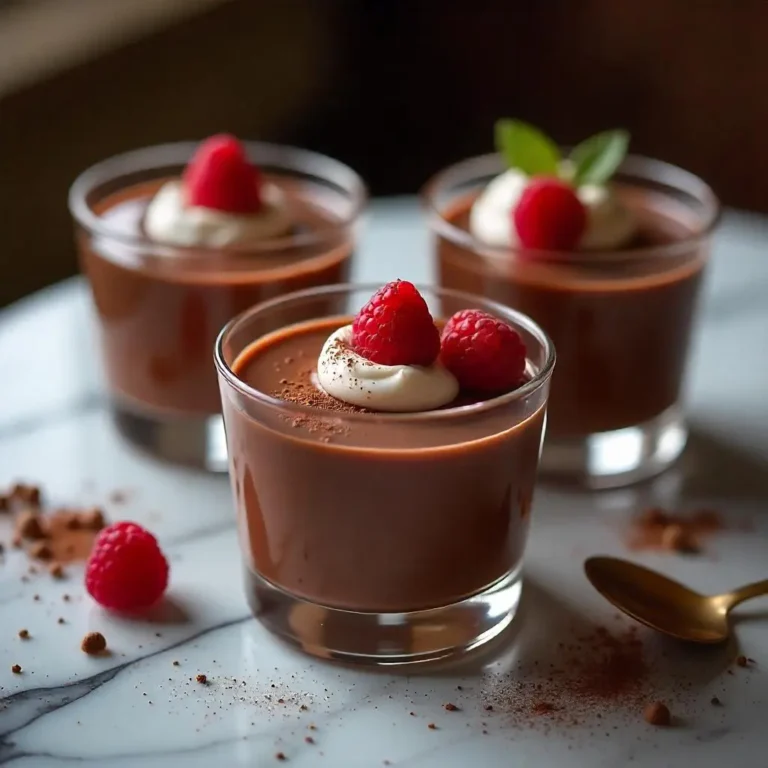 Rich and silky 2-ingredient chocolate pudding garnished with fresh raspberries, whipped cream, and cocoa powder, served in elegant glass ramekins on a marble countertop.