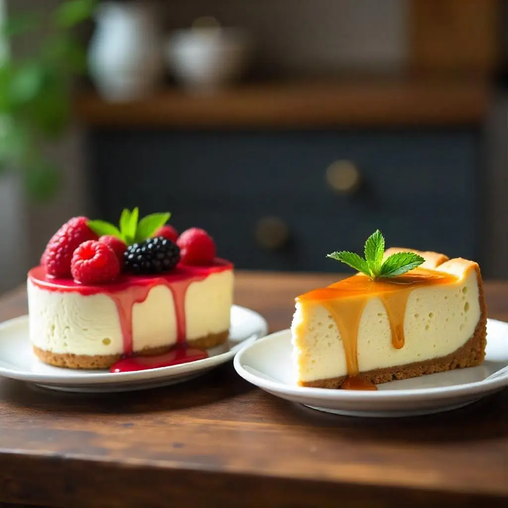 Two cheesecakes side by side on a wooden table: no-bake cheesecake with berries and baked cheesecake with caramel drizzle.