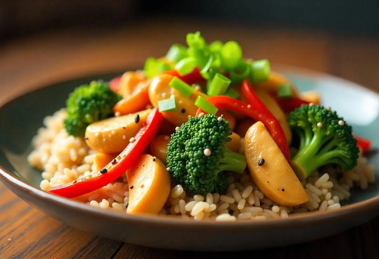 Healthy chicken broccoli stir-fry served over brown rice, garnished with sesame seeds and green onions, ideal for easy diabetic chicken recipes.