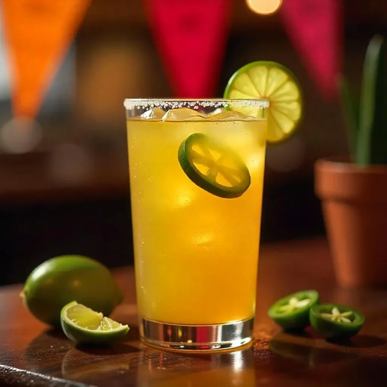 A refreshing Jalapeño Margarita cocktail in a salt-rimmed glass, garnished with a slice of jalapeño and lime wedge, set against a festive Mexican-inspired background.