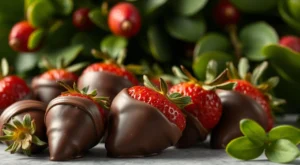 Fresh homemade chocolate-covered strawberries with dark chocolate, sprinkles, and chopped nuts