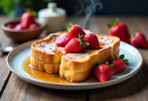 Golden brown fluffy French toast topped with strawberries and powdered sugar, drizzled with maple syrup on a rustic wooden table