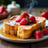 Golden brown fluffy French toast topped with strawberries and powdered sugar, drizzled with maple syrup on a rustic wooden table