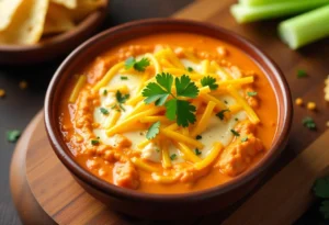 Creamy buffalo chicken dip in a ceramic baking dish surrounded by chips and vegetables for dipping